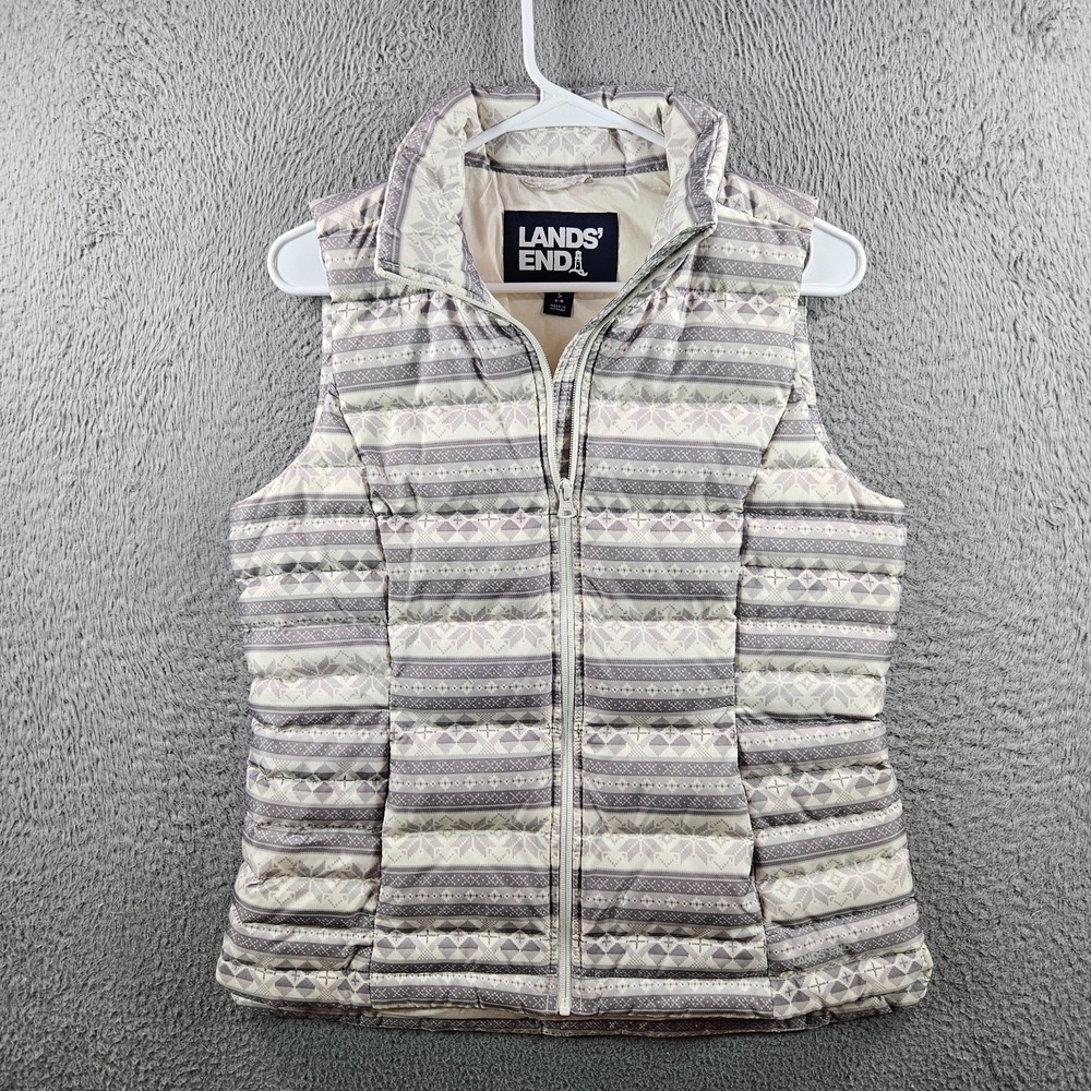 Lands' End Puffer Vest Women Small 6 8 Snowflake Full Zip Gray White